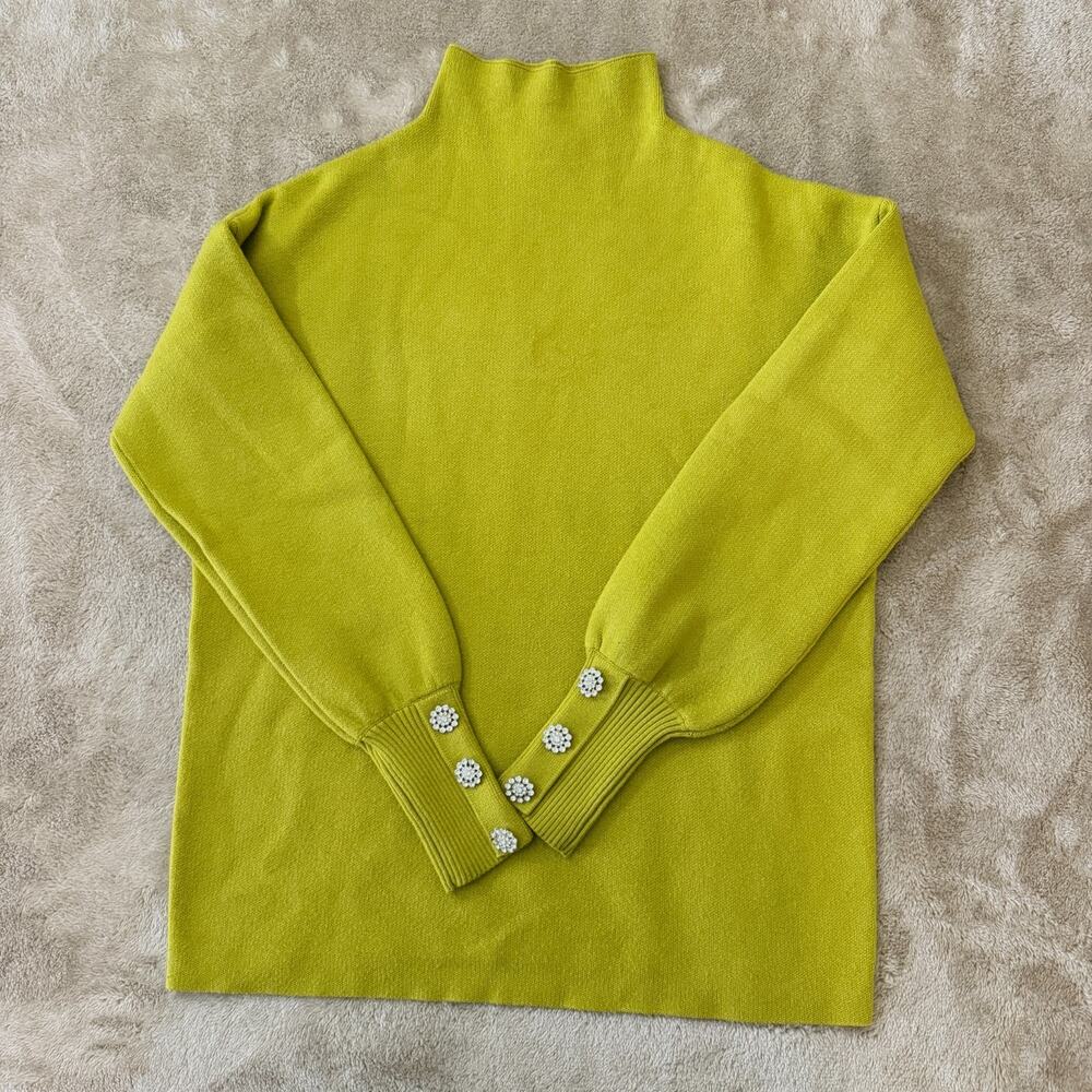 Tahari Cottagecore Mock Neck Jewel Sweater S Chartreuse Lime Green Rhinestone S